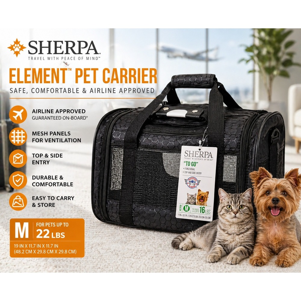 Sherpa‎ Carrier To Go Medium Black Pet Travel Bag Airline Approved 16810